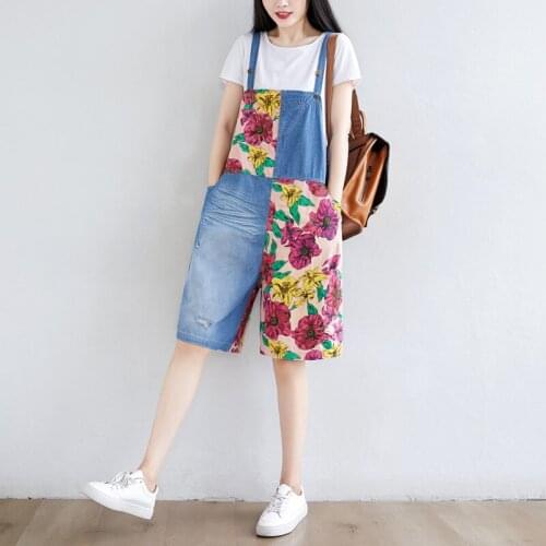Women Loose Patchwork Contrast Color Jumpsuits Ladies Vintage Washed Scratched Overalls Female 2020 Summer Rompers Ripped Holes