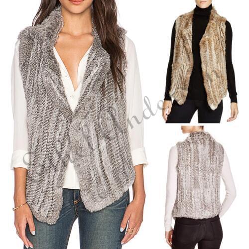 Womens Rabbit Fur Gilet Waistcoat Winter Knitted Rabbit Fur Vest Turn-down Collar Fashion Rabbit Fur Jacket Overcoat