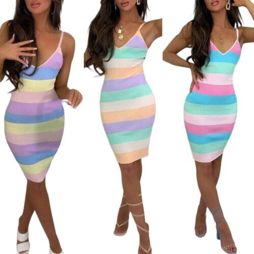 Women Close-fitting Stripe Pattern Deep V-neck Sleeveless Slip Dress, S/ M/ L/ XL