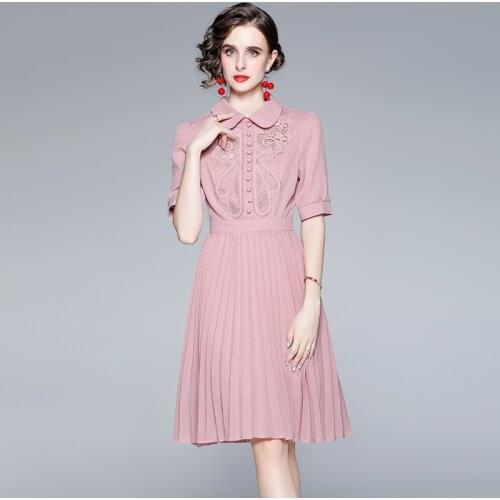 Summer Elegant Embroidery Dress For Women High Quality Pink Office Party Robe Femme Runway Designer Pleated Dresses Vestidos