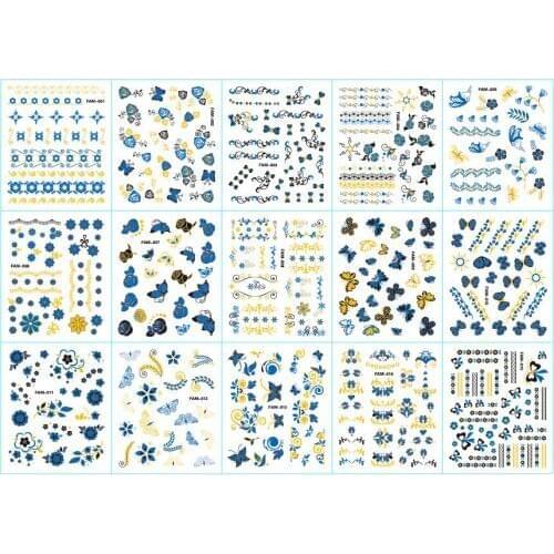 30Sheets/Lot 3-d sliders Nail Wraps DIY Nail Designs Blue Gold Butterfly Flower Self-adhesive Nail Water Sticker Decal FAM01-30