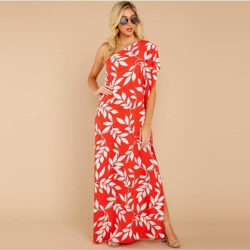 AECU Summer Women Long Dress Sexy One Shoulder Casual Floral Dress Sundress Elegant Slit Long Dress For Women Clothes Vestidos