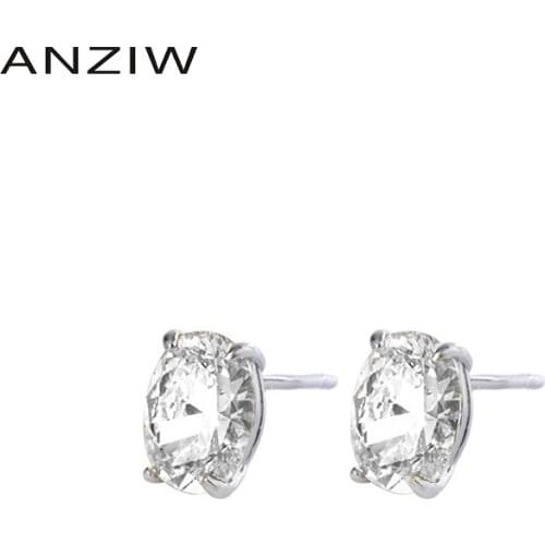 ANZIW Sterling Silver Oval Cut 6*8mm Created SONA Diamond Fashion Simple Stud Earring for Women Jewelry Gifts