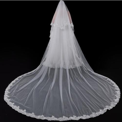 JaneVini 2019 Elegant Cathedral Ivory Wedding Veils with Comb Two Layer Sequins Appliques Edge Long Bridal Veil Voile 5M Mariage