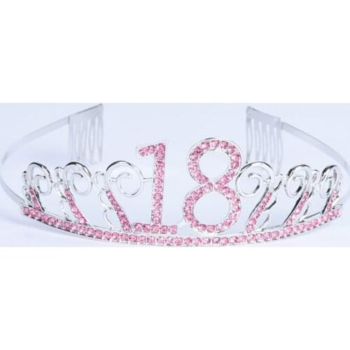 HOWAWAY Brithday Crown eighteen Pink Crystal Headband for Women Fashion Hair Jewelry