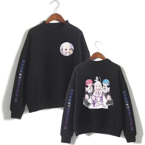 Anime Re Zero Oversized Hoodies Women Men Long Sleeve Fleece Turtleneck Sweatshirt Casual Pullover Jacket Hip Hop Streetwear
