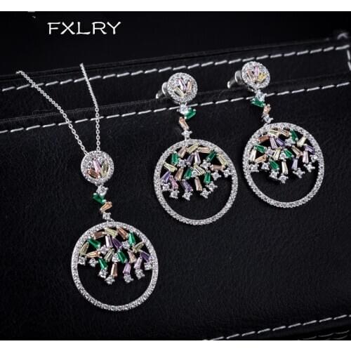 FXLRY Luxury White Color/Multi Color CZ Zircon Pendants Necklace And Earrings Sets For Women Brincos Bijoux Wedding Jewelry