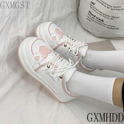 Kawaii Shoes Women Sneakers White Round Head Platform Causal Sports Student Cute Pink Girl Lolita Fashion Flats 2021 Spring