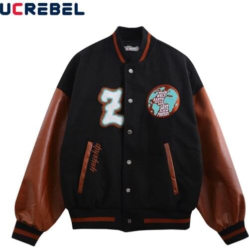 Letter Embroidery Sleeve PU Jacket Mens Streetwear Contrast Paneled Letterman Jacket Autumn Casual Loose Outerwear Men