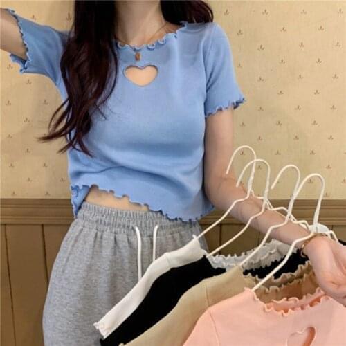Summer T Shirts Knitted Hollow Out O-neck Y2k Top Chic Solid Fashion Brand Korean Clothes Ulzzang Female Ladies Tees New