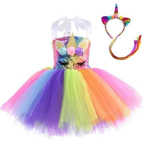 Cute Unicorn Tutu Dress for Baby Girls Cosplay Princess Children Halloween Costume with Unicorn Headband Birthday Gift