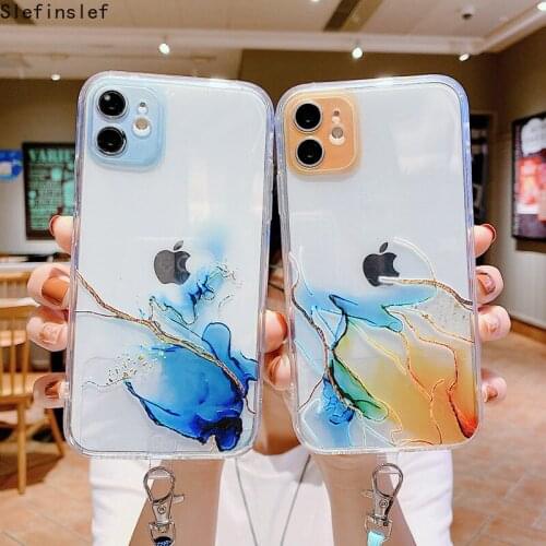 Clear Watercolor Painting Strap Cord Chain Phone Case For iPhone 12 Pro Mini 11 Pro X XR XS Max 7 8 Plus SE 2020 Soft TPU Cover