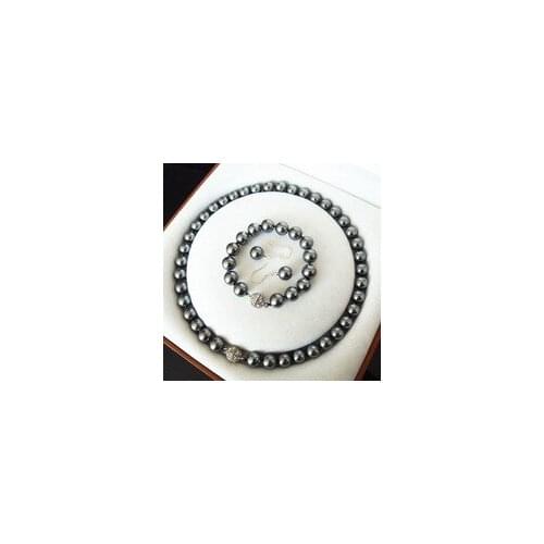 Unusual FASHION 10MM BLACK SOUTH SEA SHELL PEARL NECKLACE BRACELET set Factory Wholesale Price Women Gift Word Jewelry