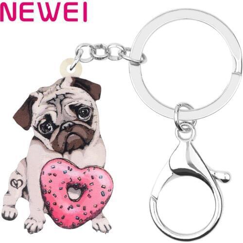 NEWEI Acrylic Valentines Day Donuts Pug Dog Key Chains Rings Bag Car Purse Decorations Keychains For Women Girl Teen Charm Gift