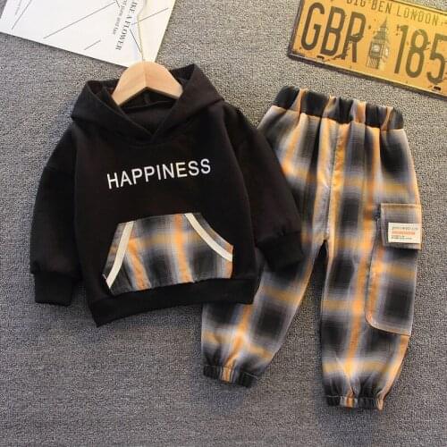 New Kids Clothes Baby Boys Fashion Tracksuit Letter Hoodie+Plaid Pants 2PCS Boy Spring Autumn Outfits Toddler Girls Set Clothes