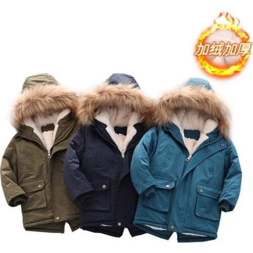 Autumn Winter 2021 Children Boys Hooded Solid Thick Warm Cotton Outerwear Kids Clothing Casual Windbreaker Jacket Coats Q54