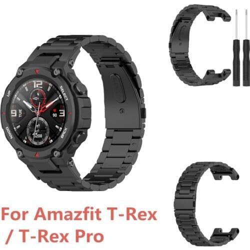 Three Beads Solid Stainless Steel Watch Strap with Double Snap Buckle Wristband Suitable for Huami Amazfit T-Rex / T-Rex Pro