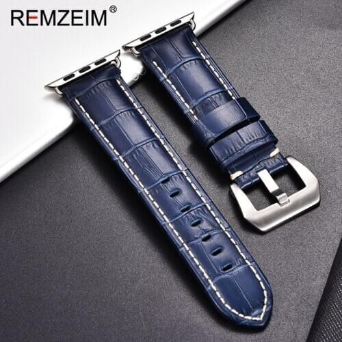 REMZEIM genuine leather watch strap watchband for Apple Watch Band 44mm 40mm 42mm 38mm Series5 4 3 2 1 iwatch Blue reloj