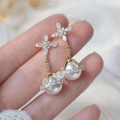 Romantic 14K Real Gold Crystal Flower Stud Earrings Japanese&Korea Delicate Jewelry Zircon Pearl Long Earrings