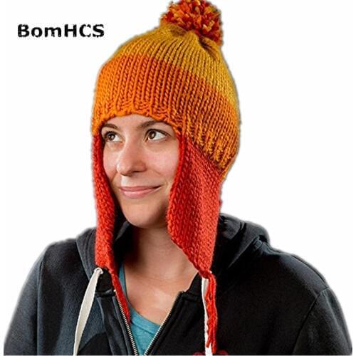 BomHCS European Style Mosaic Earflap Hat 100% Handmade Knit Winter Unisex Beanie