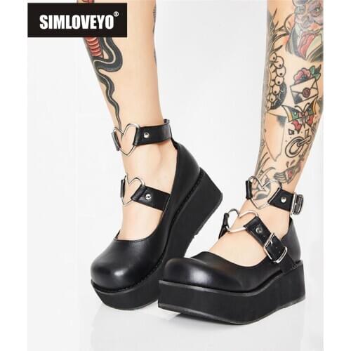 SIMLOVEYO New 2021 Ladies Pumps Round Toe Thick Bottom Buckle Heart Stylish Punk Cute Bowtie Big Size 35-43 Party Pink B2363