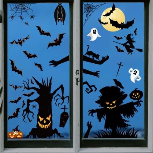 Halloween Decoration Windows Wall Stickers Die Bat Witch Ghost Pumpkin Black Cat Skull Stickers 2021 Party Props