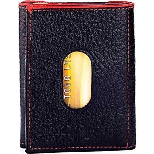 Twelve Genuine Leather Vertical Card Holder Wallet Black-Red Detailed