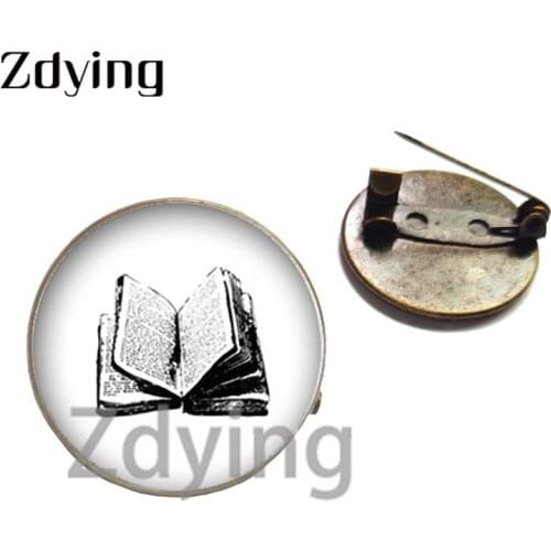 Zdying Vintage Books Pattern Brooch Pin Badge Glass Photo Cabochon Accessories For Backpack Clothes Decoration BK079
