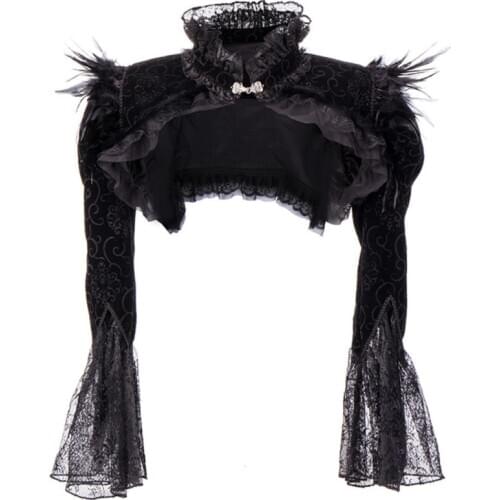 Women Victorian Flannel Feathers Lace Jacket Long Sleeve Ruffles Stand Collar Gothic Accessories Steampunk Tops