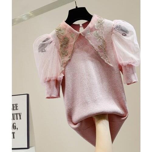 Vintage Mesh Puff Sleeve Stitching Sequin Embroidery Bright Silk Knitted T-shirt Womens Slim-Fit Top Stretch Knit Tshirts 2021
