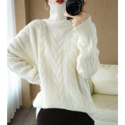 100% Pure Wool Cashmere Sweater Autumn/Winter 2021 New Woman High Neck Pullover Twist Slim Knit Tops Large Size Female Jacket