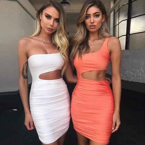 Women Clothing Summer Diagonal Collar Off Shoulder Folds Sexy Dress Women Solid Elegant Sleeveless Backless Bodycon Mini Dress