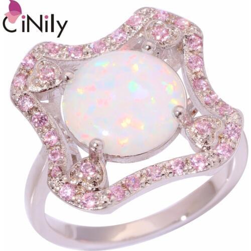CiNily Created White Fire Opal Pink Zircon Silver Plated Wholesale Hot Sell Jewelry for Women Wedding Ring Size 6 7 8 9 OJ9124