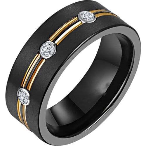 8mm Stainless Steel Mens Black Brushed Ring Zircon Inlaid Gold Groove Line Ring Engagement Wedding Jewelry Anniversary Gift