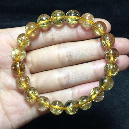 9.5mm Genuine Natural Brazil Gold Rutilated Bracelet For Woman Man Crystal Titanium Round Bead Stretch Gemstone Jewelry AAAAA
