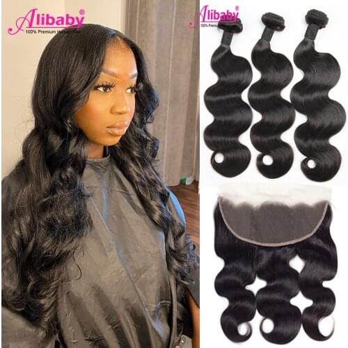 Alibaby Body Wave 3-Bundles With Frontal Closure Lace Remy Hair Weave Bundles Brazilian Human Hair Hand-Woven Hair Extensions