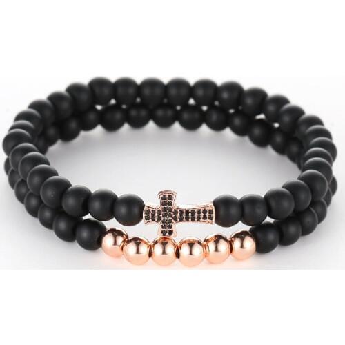 Trendy New 6MM 2PCS/set Natural stone Beads Bracelet CZ Cross Hematite Bracelet For Men Gift Women Handmade Jewelry Wristlet