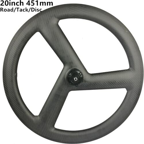 [CBRDW3-23] 20inch 451 23mm Clincher carbon 3 spoke wheels bicycle carbon road track fixed tri spoke wheels disc brake wheel