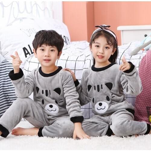 Children Long Sleeve Warm Flannel Pajamas 2021 Winter Boys Girls Sleepwear Cartoon Baby Nightwear Kids Pyjamas Set Home Clothes