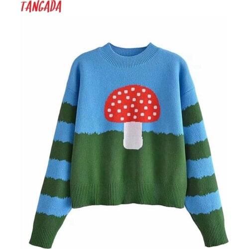 Tangada Women Cartoon Oversized Knitted Sweater Jumper Long Sleeve Female Pullovers 3H306