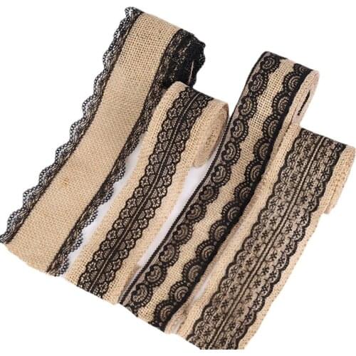 2m Burlap Jute Rolls Ribbon with Black Lace Rustic Hemp Trim Ribbons for Burlap Bows Wreaths Craft Wedding Party Christmas Decor