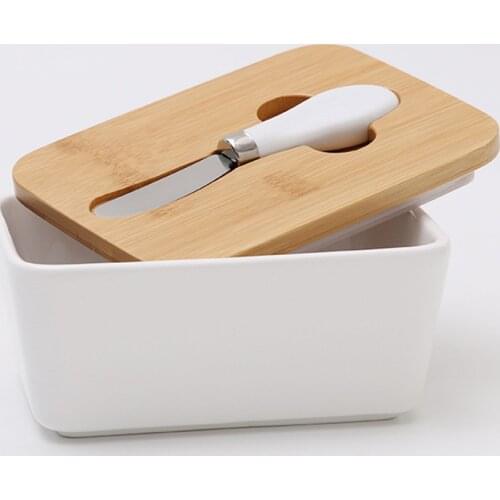 Sealing Cheese Kitchen Butter Box With Wood Lid Tool Dish Ceramic Food Nordic Style Plate Storage Tray Keeper Container