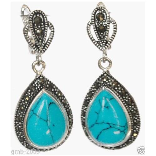 Hot Sale 925 Sterling Silver Jewelry Blue Marcasite Teardrop Earrings
