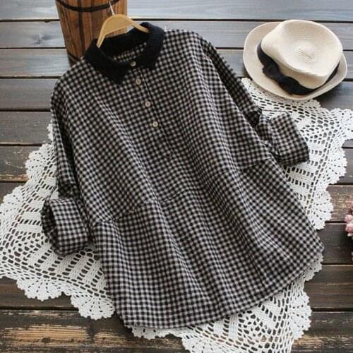 Cotton Linen Plaid Women Shirts Summer Vintage 2021 Turn-Down Collar Long-Sleeved Loose Casual Female Outwear Tops