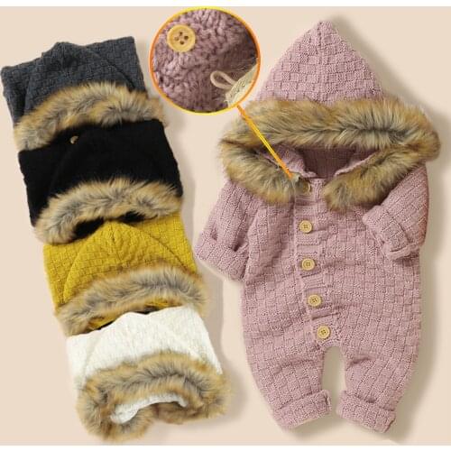 3-18Months Multicolor Infant Baby Boy Girls Winter Keep Warm Knit Hoodie Romper Sweater Jumpsuit Soft fur collar Warm stylish M5