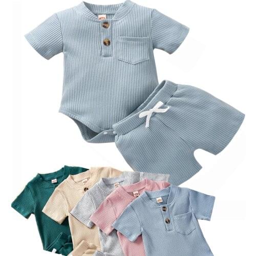 Summer Newborn Baby Girls 2pcs Clothes Set Cotton Lounge Set Children Short Sleeve Bodysuit Pocket Top Shorts 3 6 12 18 Month