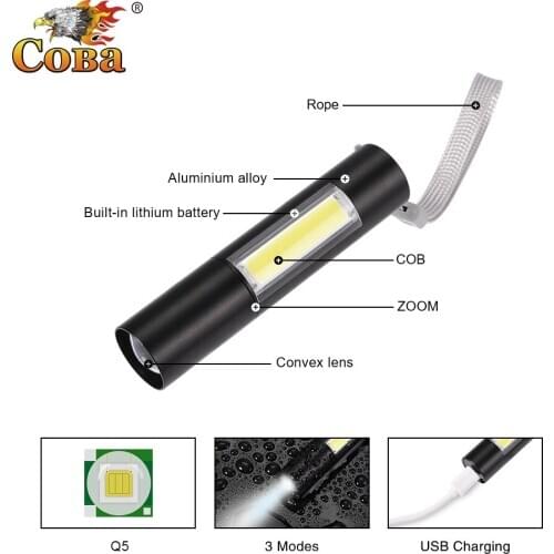 Mini led flashlamp Q5 cob tactical flashlight aluminum alloy torch waterproof built-in battery usb rechargeable 3 modes portable