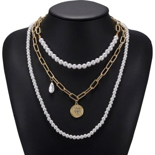 Multi-Layer Imitation Pearl Coin Necklace Paper Clip Elizabeth Sweater Chain Necklaces for Woman Charm Jewelry