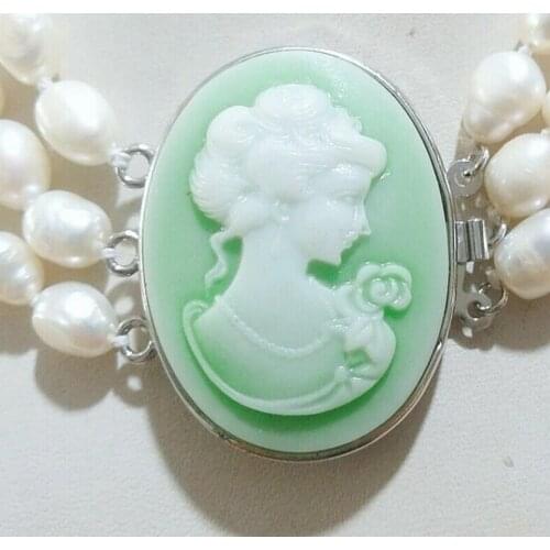 Fashion 3 Row Green Clasp 9-11MM Natural White Baroque Pearl Necklace 18-20"