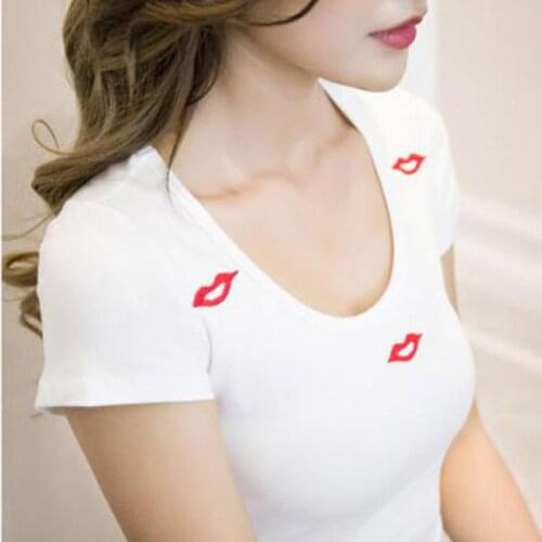 Latin Dance Exercise Clothing Red Lip Embroidery Female Adult Dance Clothing Sexy Slim Waist Round Neck Top Performance Clothing